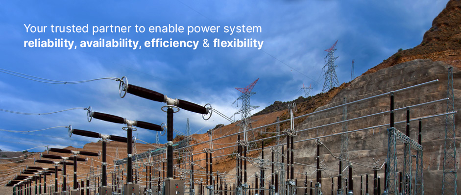 Electrical substation image paired with GE Grid Solutions messaging on grid reliability