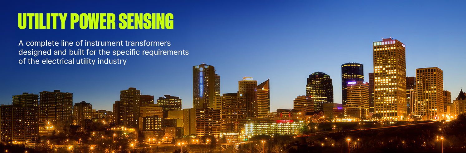 City skyline at night with "Utility Power Sensing" text, promoting GE Vernova's Low Voltage Instrument Transformers