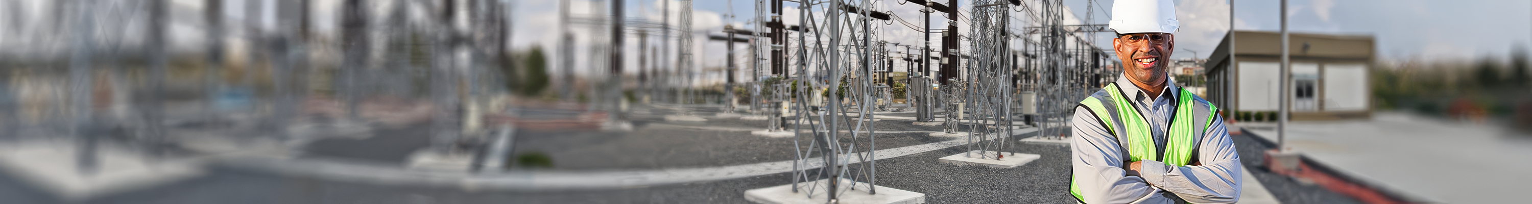 Worker in hard hat and vest at high-voltage substation, highlighting human role and safety in infrastructure