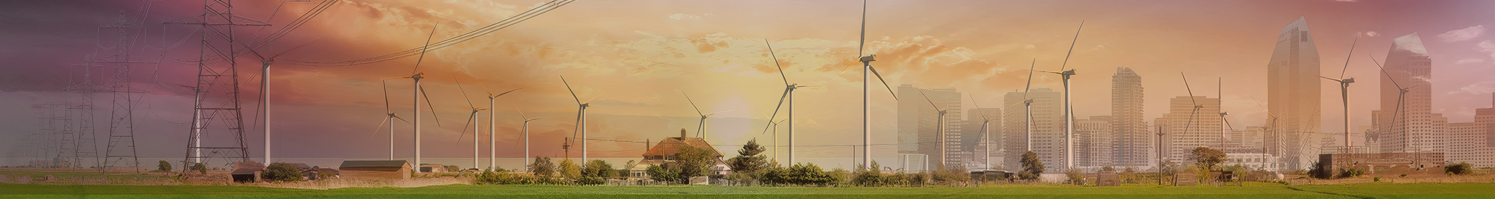Wind turbines and city skyline symbolizing renewable energy integration