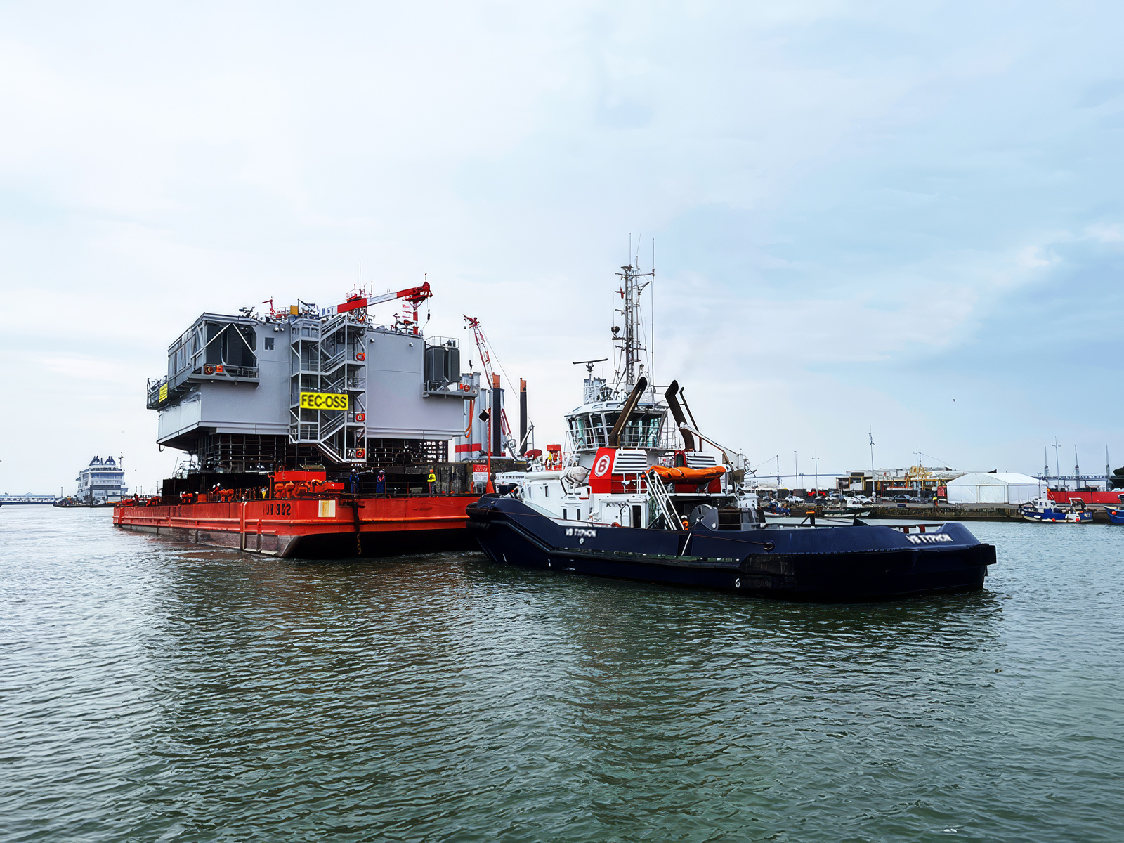 Fécamp offshore wind substation topside towed by VB TYPHON tugboat