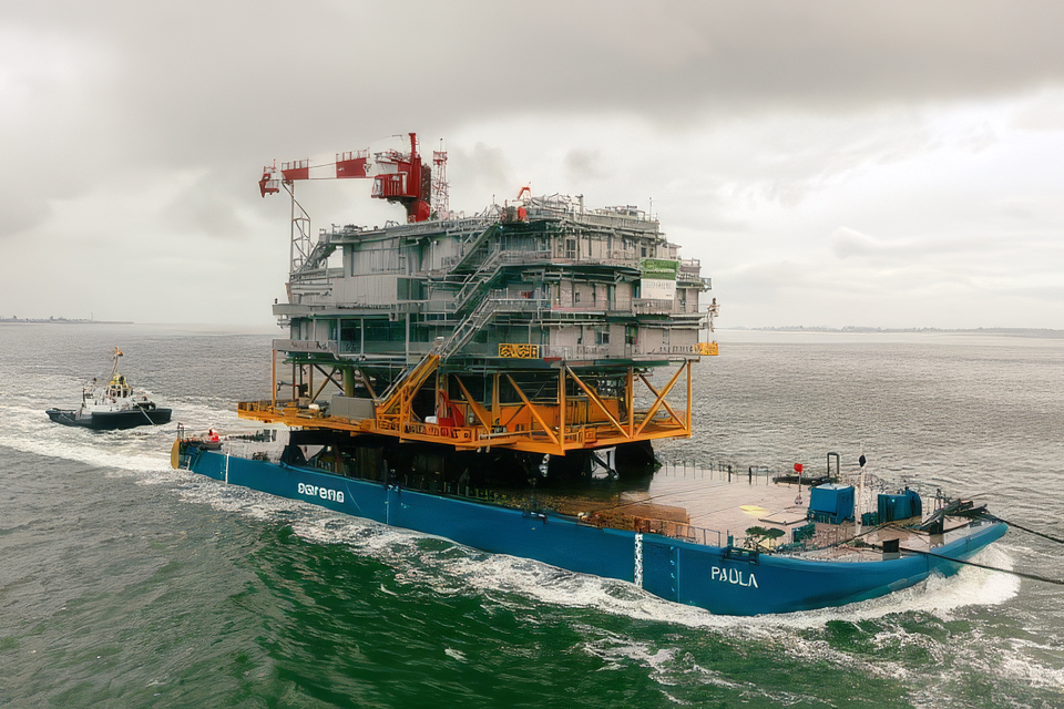 Offshore substation for Saint-Brieuc wind farm being transported on Sarens barge "Paula"