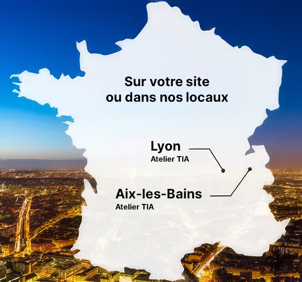 Map showing GE Vernova electrical certification training sites in Lyon and Aix-les-Bains, France
