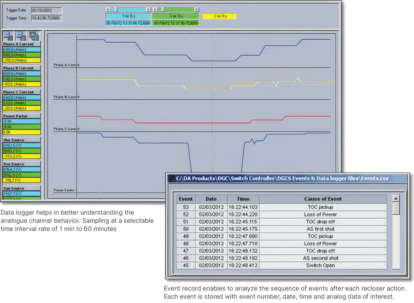 Data logger & event record screens