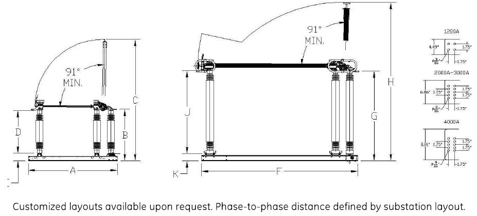 Customized layouts available upong request. Phase-to-phase distance defined by substation layout.