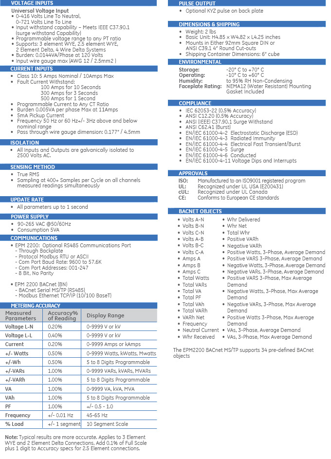 GE EPM2200 digital Power Meter Specifications